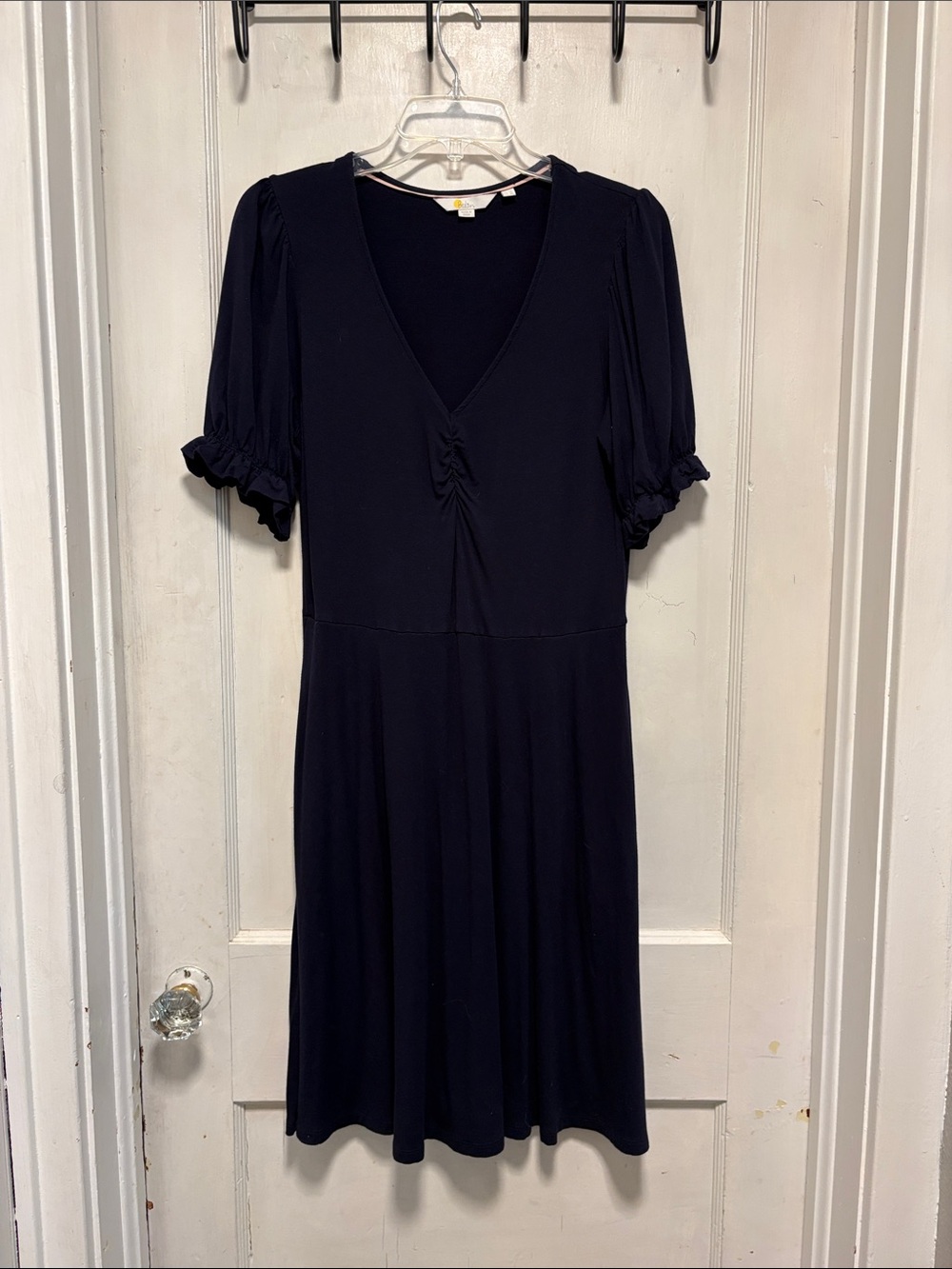 Boden Jersey Navy Blue Ruffle Short Sleeve Midi Length Vneck Dress 8 Long